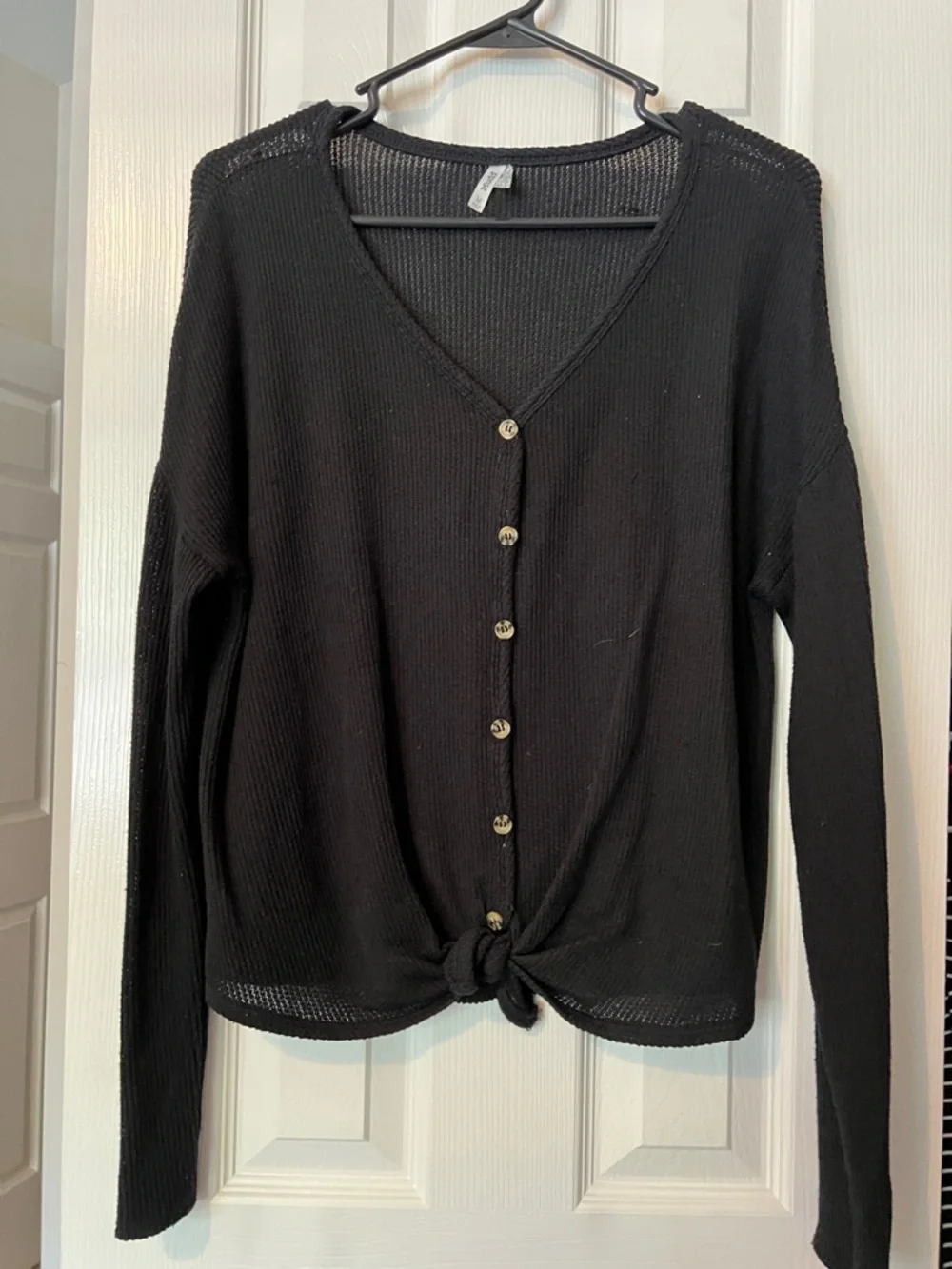 3 Casual Tie-Front Waffle Knit Sweater - Beige, Black, Burgundy - Picture 3 of 4